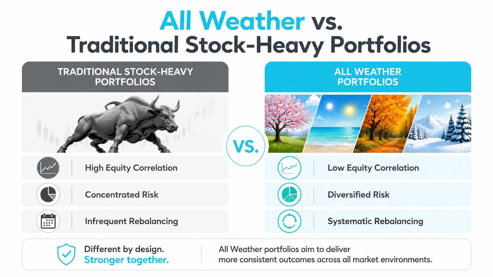 A comparison infographic between traditional stock-heavy portfolios and all-weather portfolios highlighting their different risk and rebalancing strategies.