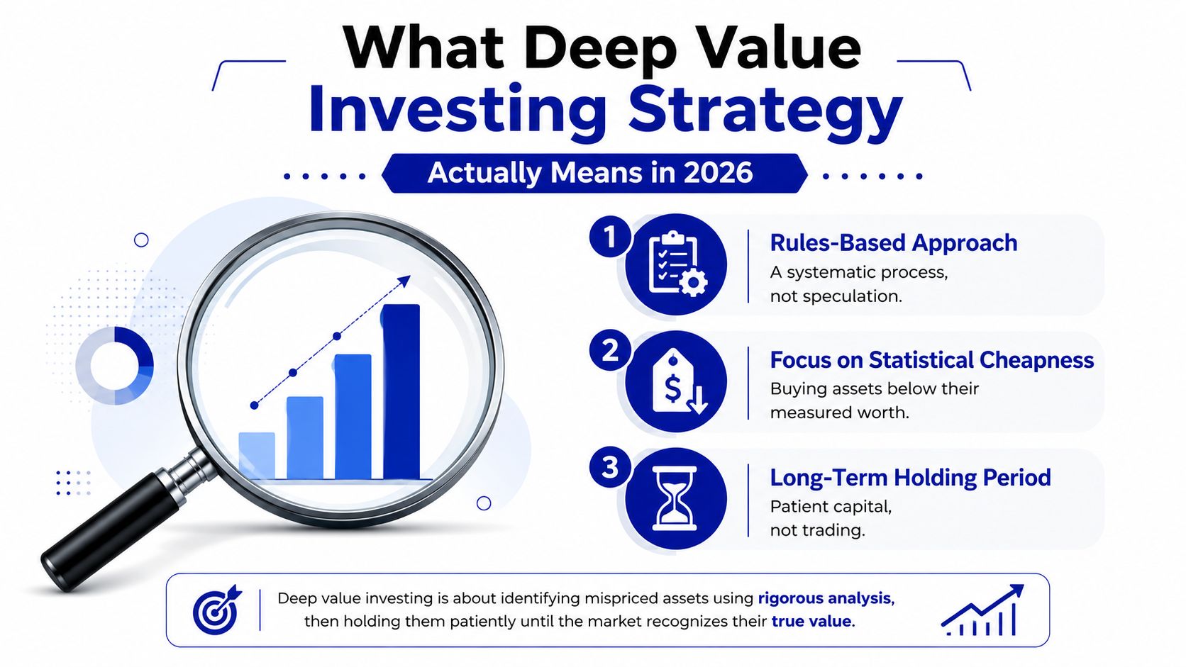An infographic titled What Deep Value Investing Strategy Actually Means in 2026, featuring three key pillars.