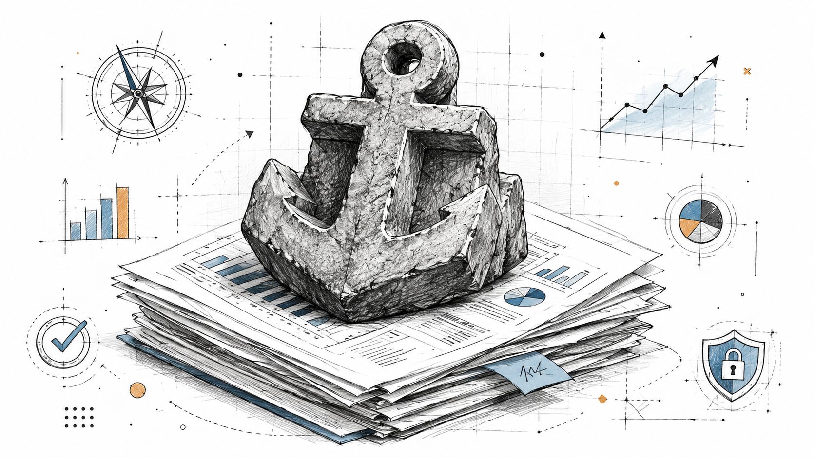 A stone anchor resting on a stack of financial charts, graphs, and business reports representing investment stability.