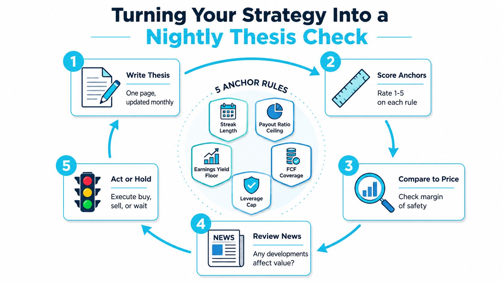 An infographic titled Turning Your Strategy Into a Nightly Thesis Check outlining a five-step investment decision process.
