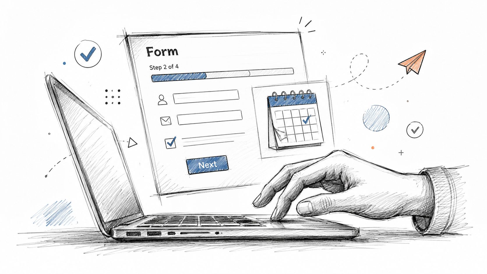 A sketched illustration of a person using a laptop to fill out an online form process.