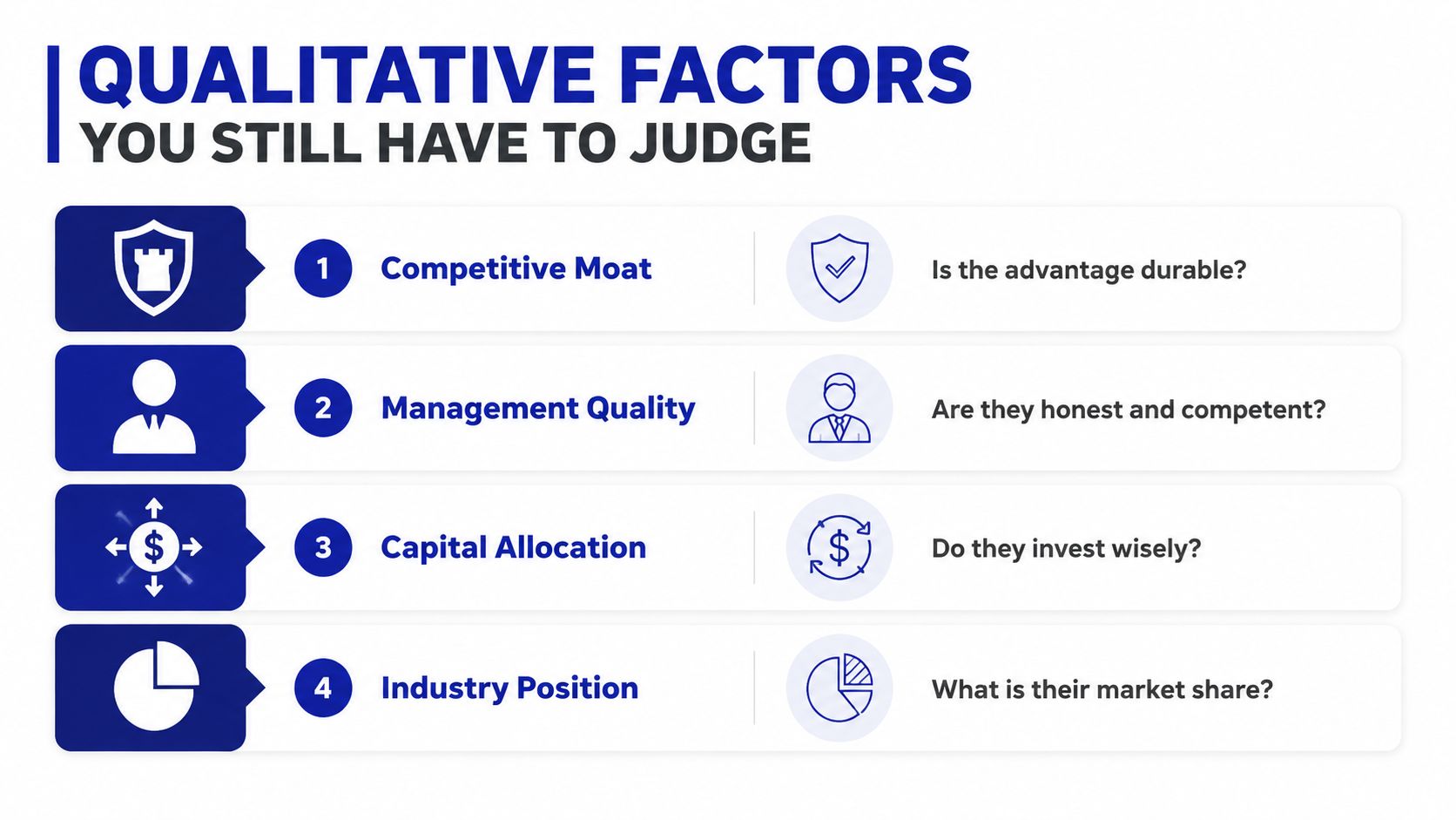 An infographic titled Qualitative Factors You Still Have To Judge featuring four key investment evaluation criteria.