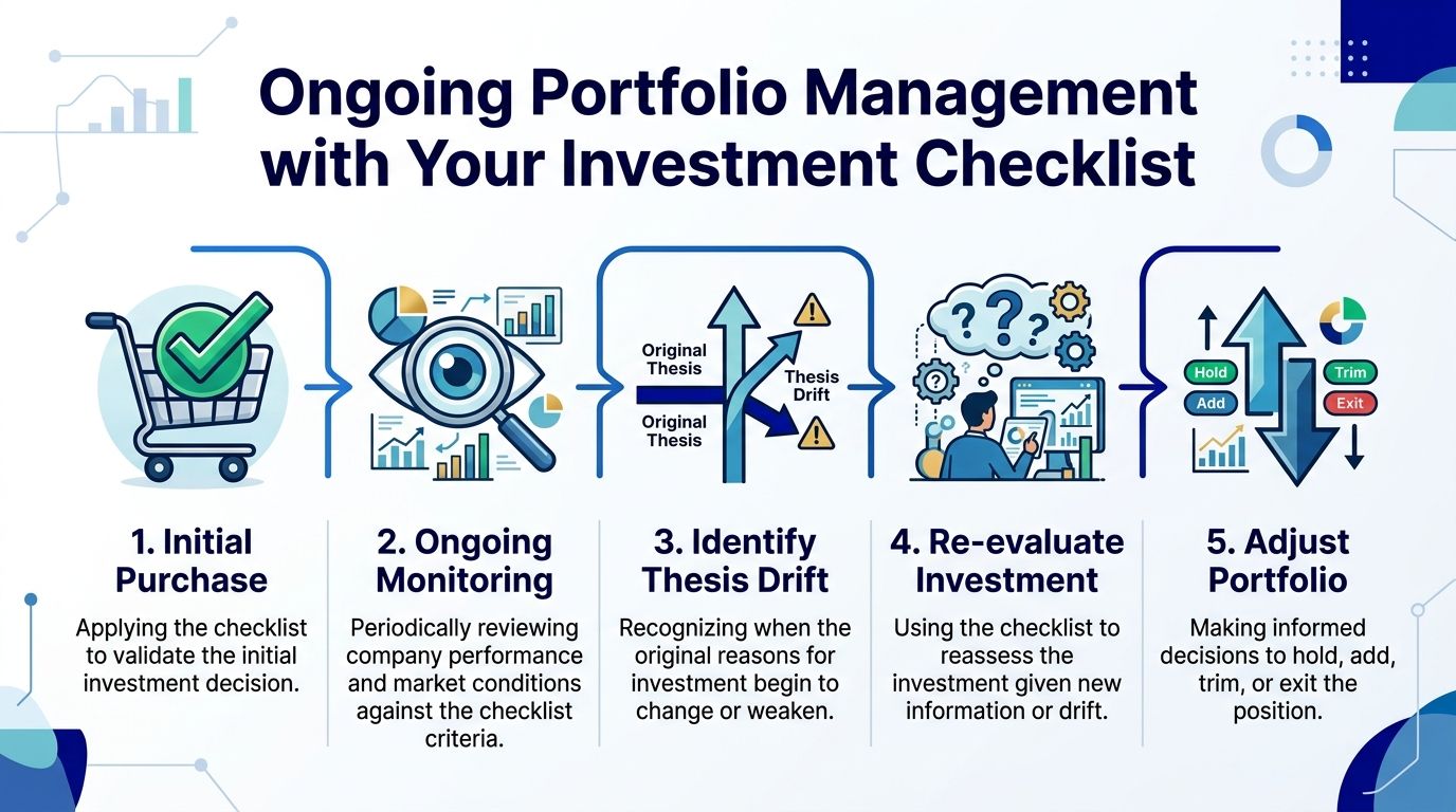 A five-step flowchart illustrating the ongoing portfolio management process using an investment checklist for better decision making.