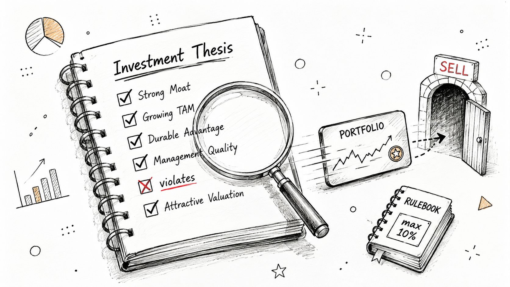 A hand-drawn illustration showing an investment thesis checklist, a magnifying glass, a portfolio, and a rulebook.
