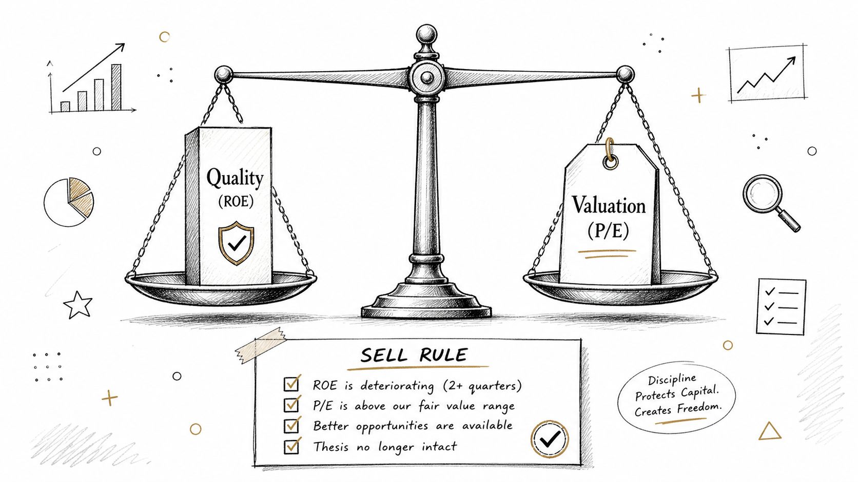A hand-drawn illustration showing a balance scale weighing Quality ROE against Valuation PE with a sell rule checklist below.
