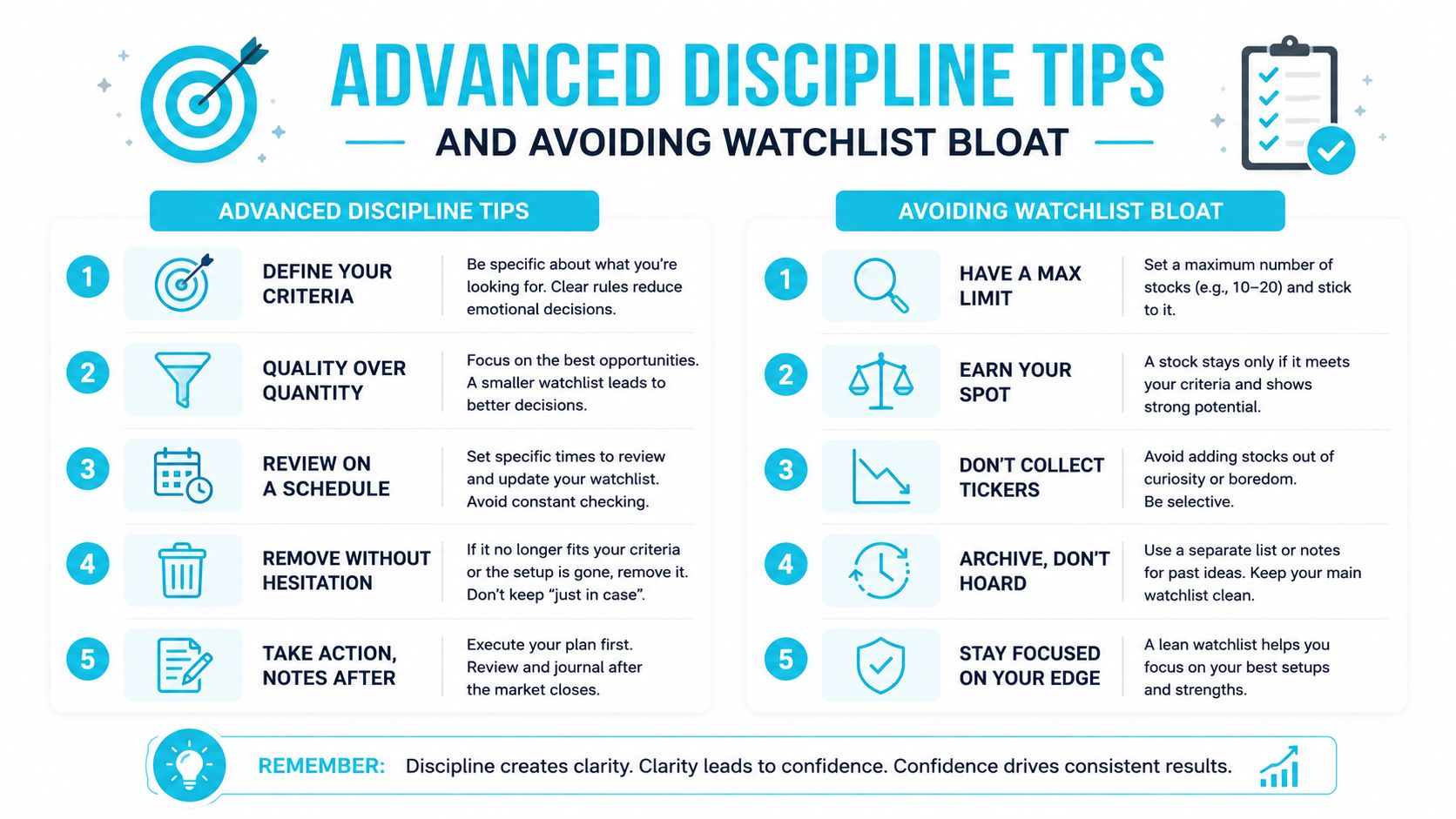 An infographic detailing advanced trading discipline tips and strategies to avoid watchlist bloat for investors.