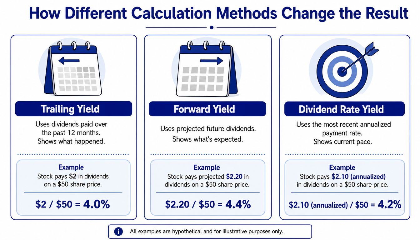 A comparison chart explaining the three common calculation methods for dividend yield: trailing, forward, and rate yield.