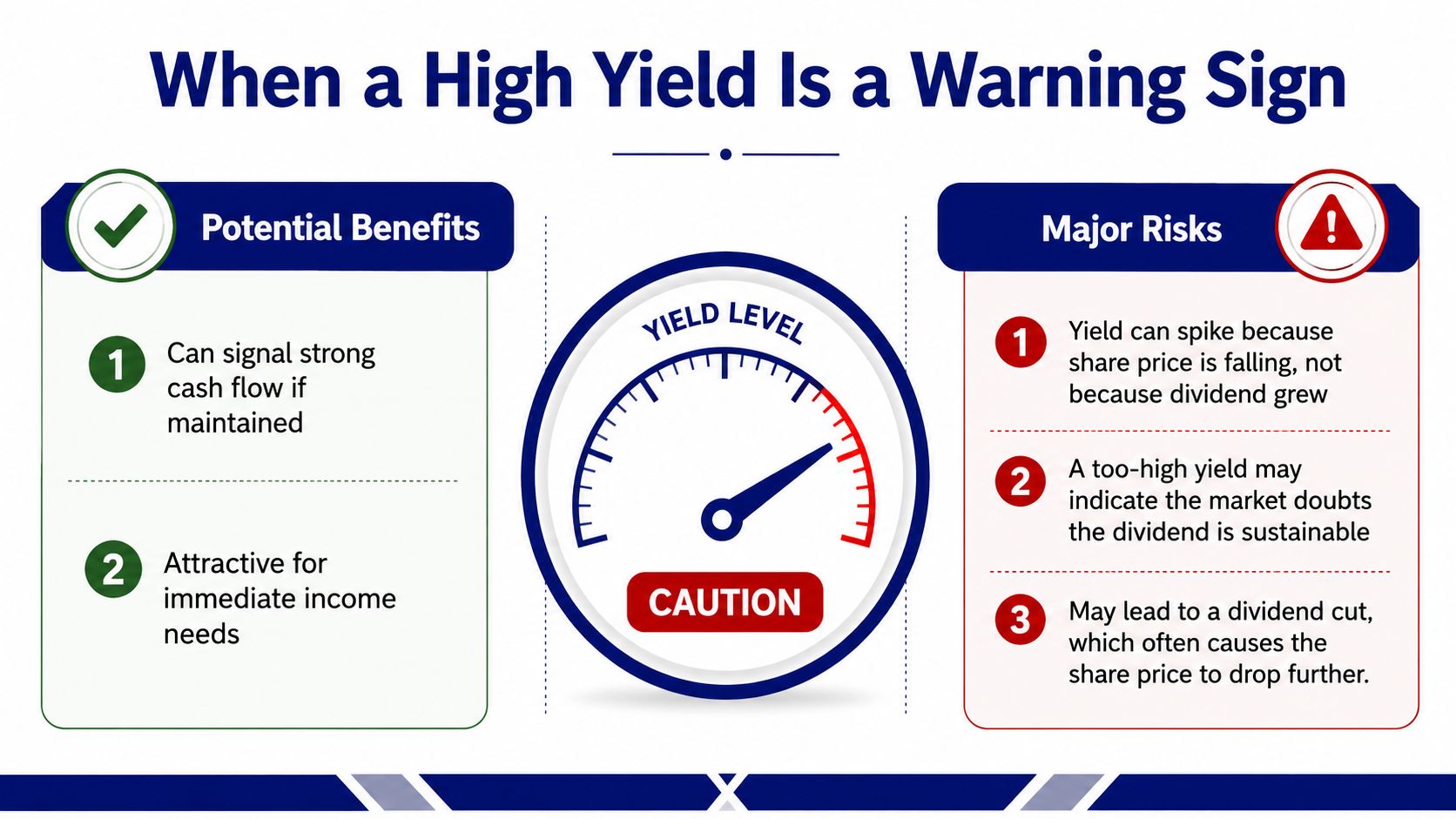 An infographic titled When a High Yield Is a Warning Sign, comparing potential dividend benefits versus risks.