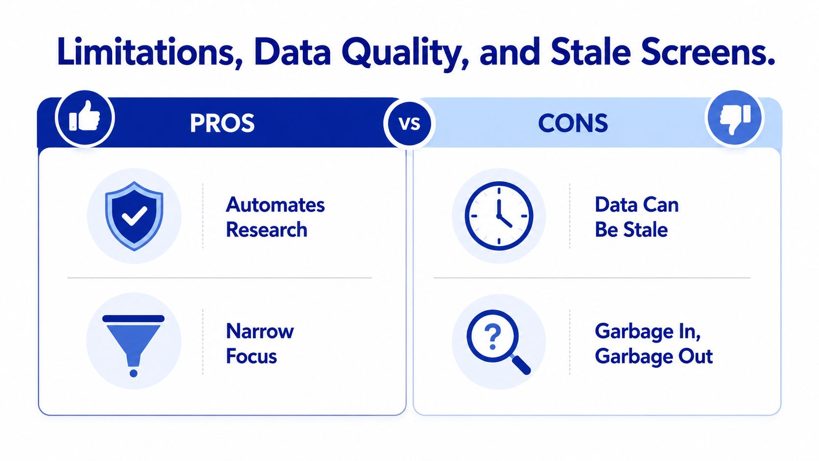 A comparison chart showing the pros and cons of using stock screeners for data analysis.