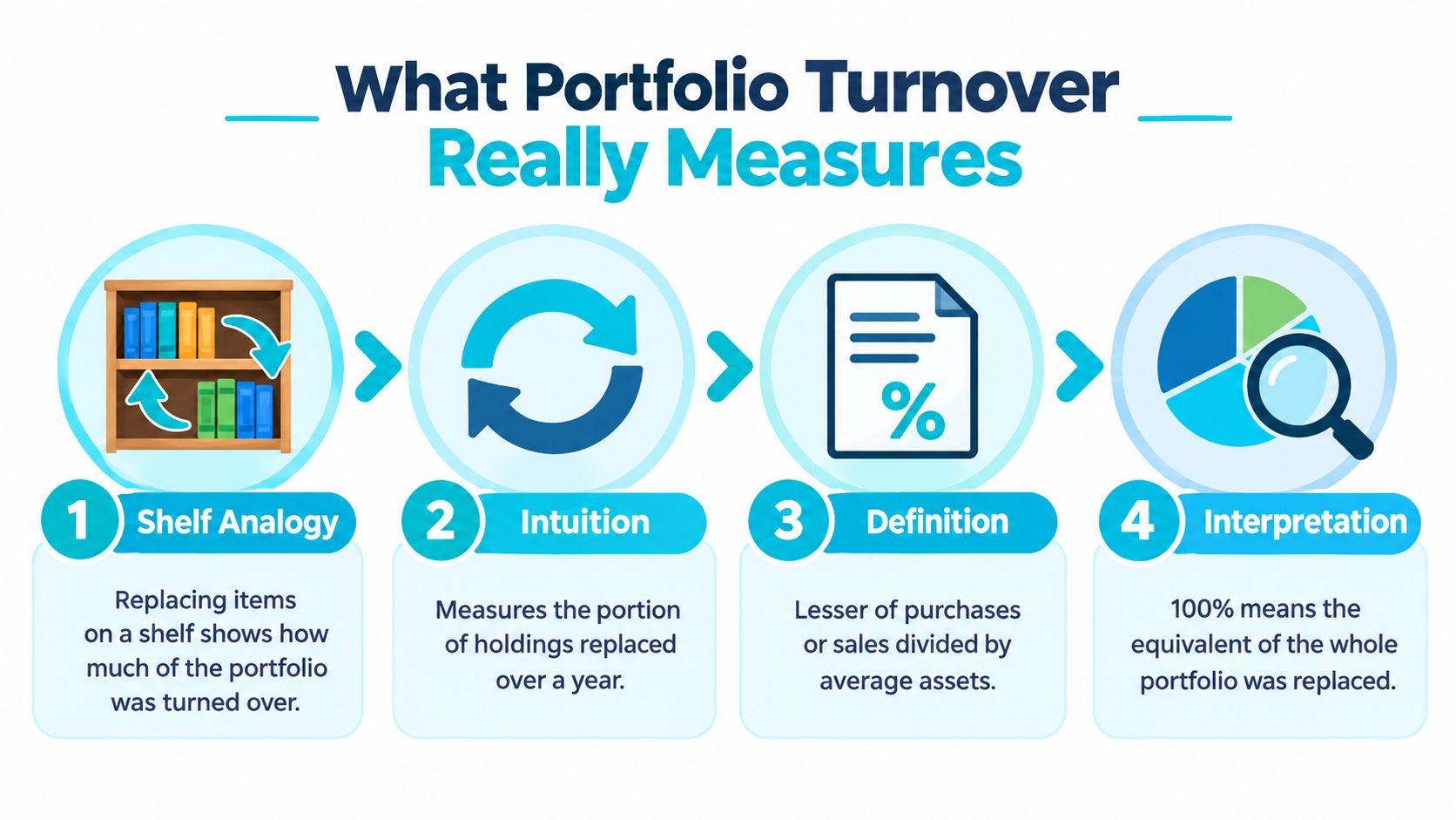 A four-step infographic explaining portfolio turnover, from the shelf analogy to interpretation of the percentage data.