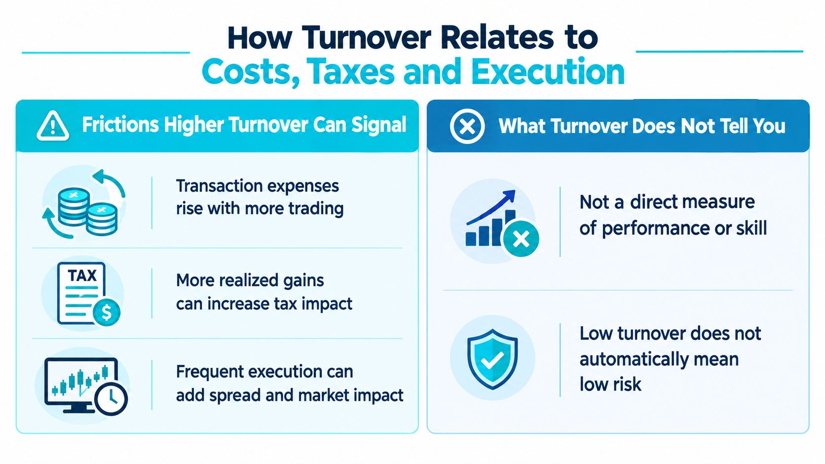 An infographic titled How Turnover Relates to Costs, Taxes and Execution, listing potential investment friction points.