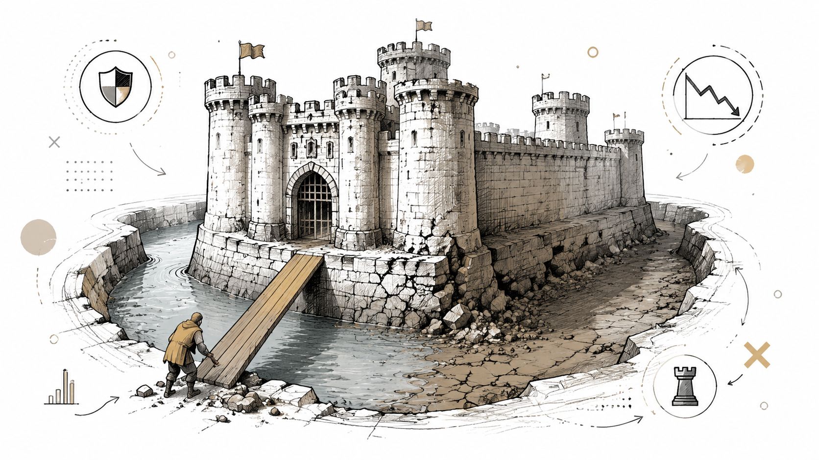 A conceptual illustration of a person building a wooden bridge to a castle, representing wide moat investing.